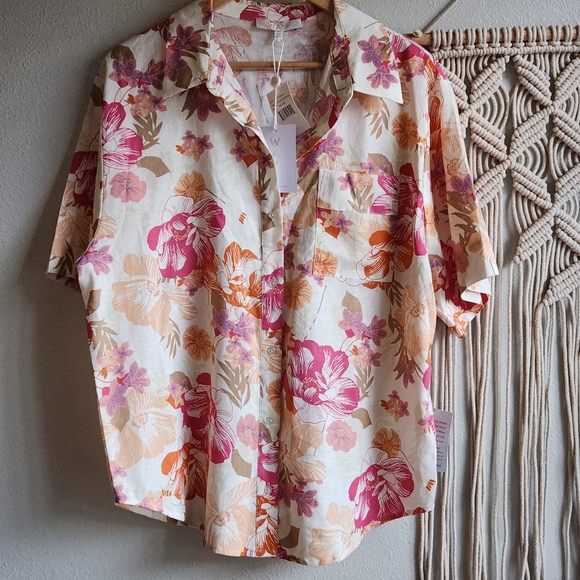 Wayf Tops - WAYF‎ NWT Pink Tropical Floral Button Shirt Linen Blend Women's M